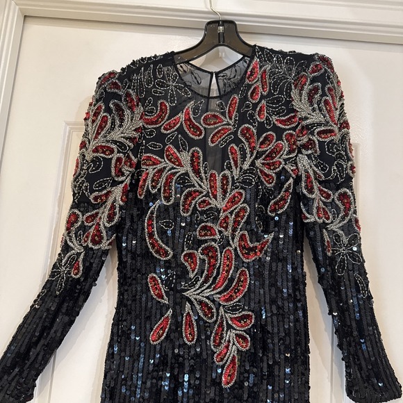 VTG 90s‎ Niteline Dress Women Sz 6 Black Silk All Sequin Floral Beaded Maxi Gown - Picture 8 of 14